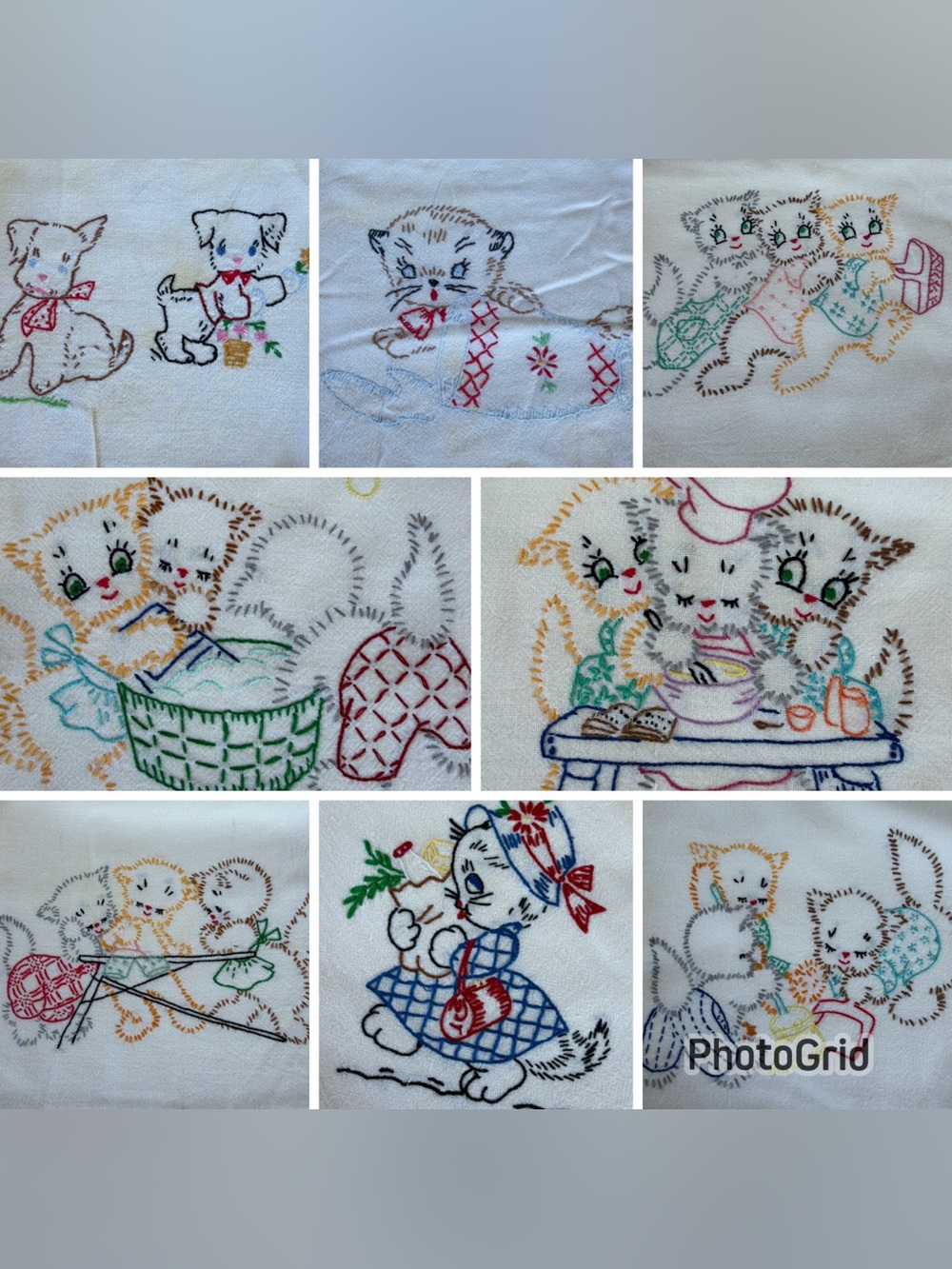 VTG 21-Piece Hand Embroidered Small Tablecloth Lot Kitschy Kittens Birds FLAWS